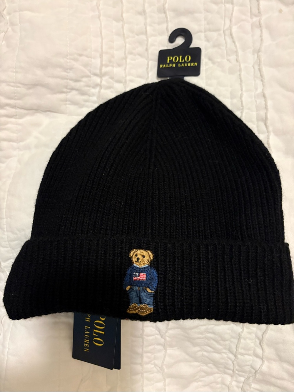 Ralph Lauren Black Knit Bear Cuffed Beanie